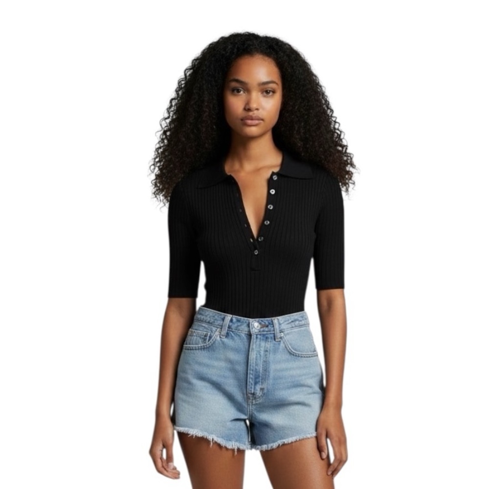 Abercrombie & Fitch Hook & Eye Polo Ribbed Minimalist Staple Piece Bodysuit